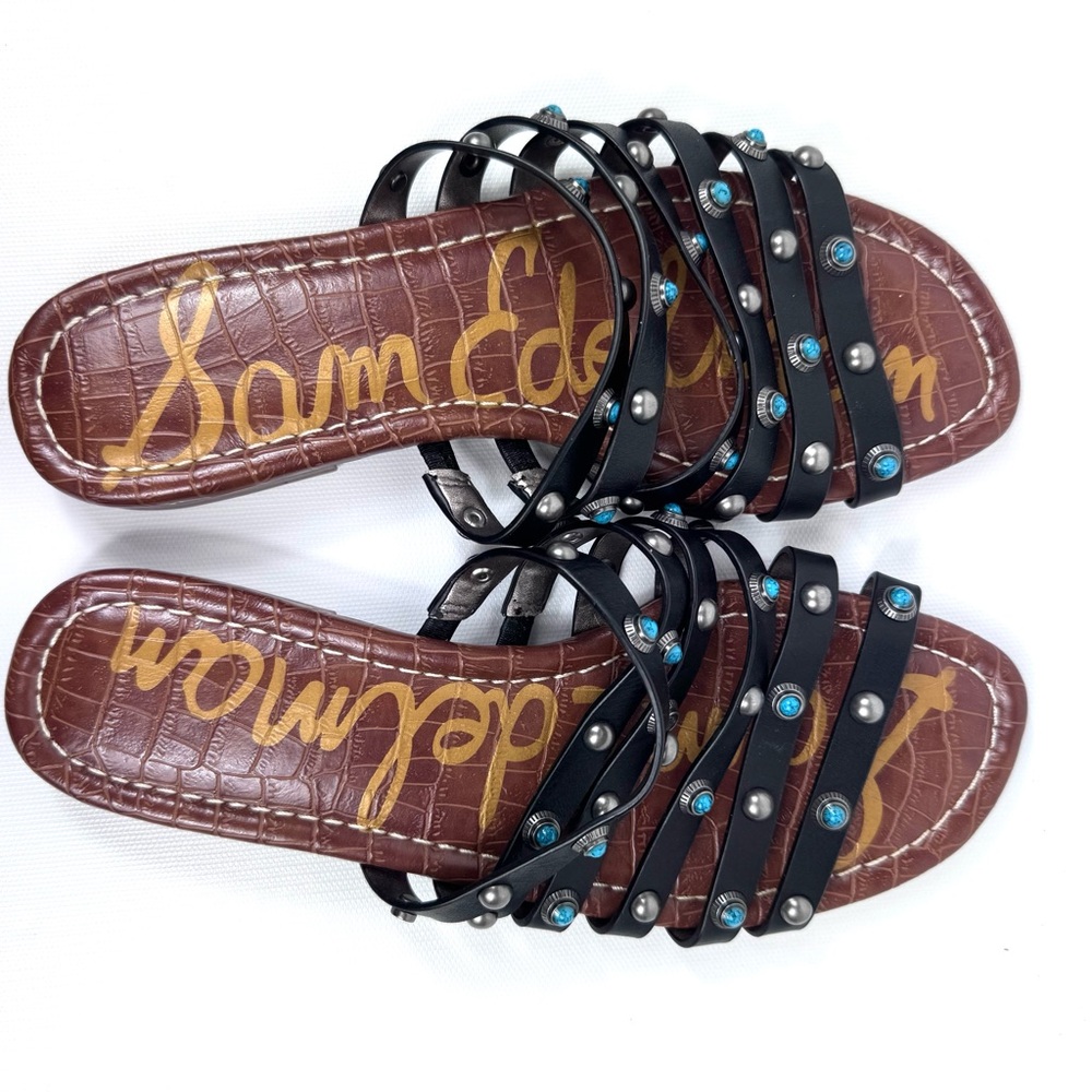 Sam Edelman Brea 2 black multi strap leather sandal w turquoise and silver Sz 7 - Picture 9 of 16